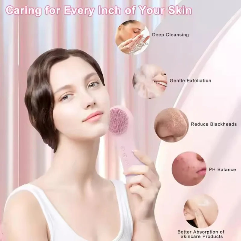 Rechargeable 2-in-1 Silicone Face Scrubber, Electric Facial Cleansing Brush, Facial Cleansing Heating Vibrating Massage Brush